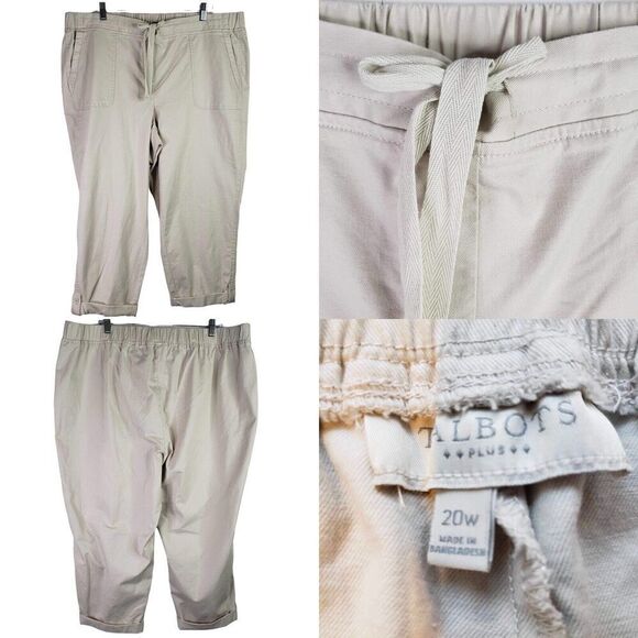 Talbots Pants Crop Womens Plus Size 20W Tan Cotton Blend Tie Front Canvas - Picture 1 of 7